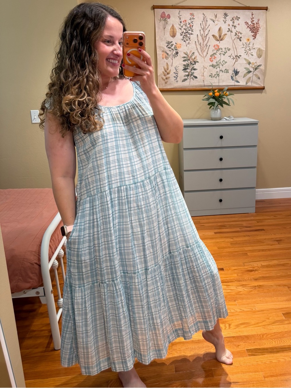 Tuckernuck Olivia James Light Blue Plaid Sleeveless Tiered Midi Dress Small